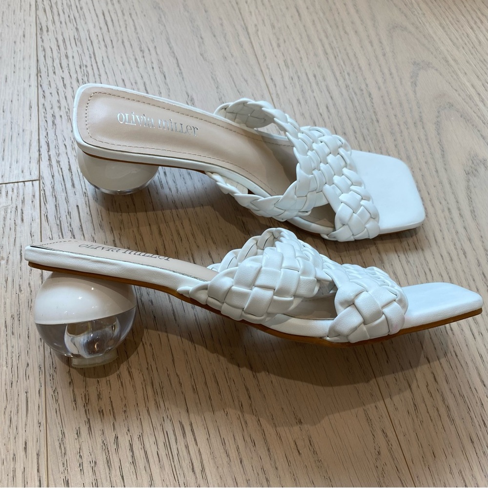 Olivia Miller Jackie Heel Sandals, White, Lucite, Braided, Size 7